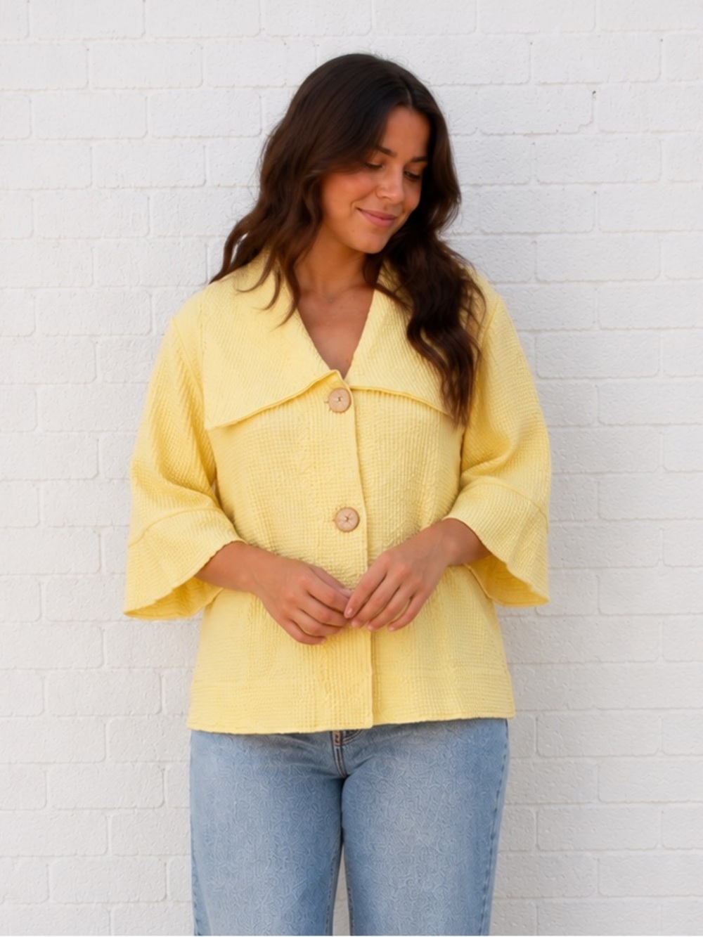Vintage 90s Yellow Waffle Oversized Jacket Women Size Large lagenlook 3/4 sleeve